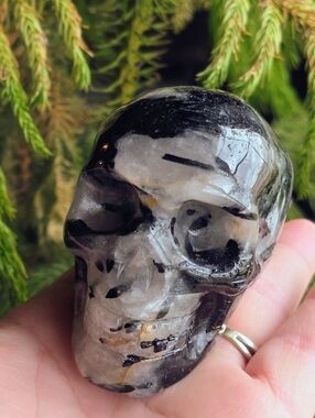 ✨ Black Tourmalinated Quartz Skull Carving | High Contrast Inclusions | Crystal